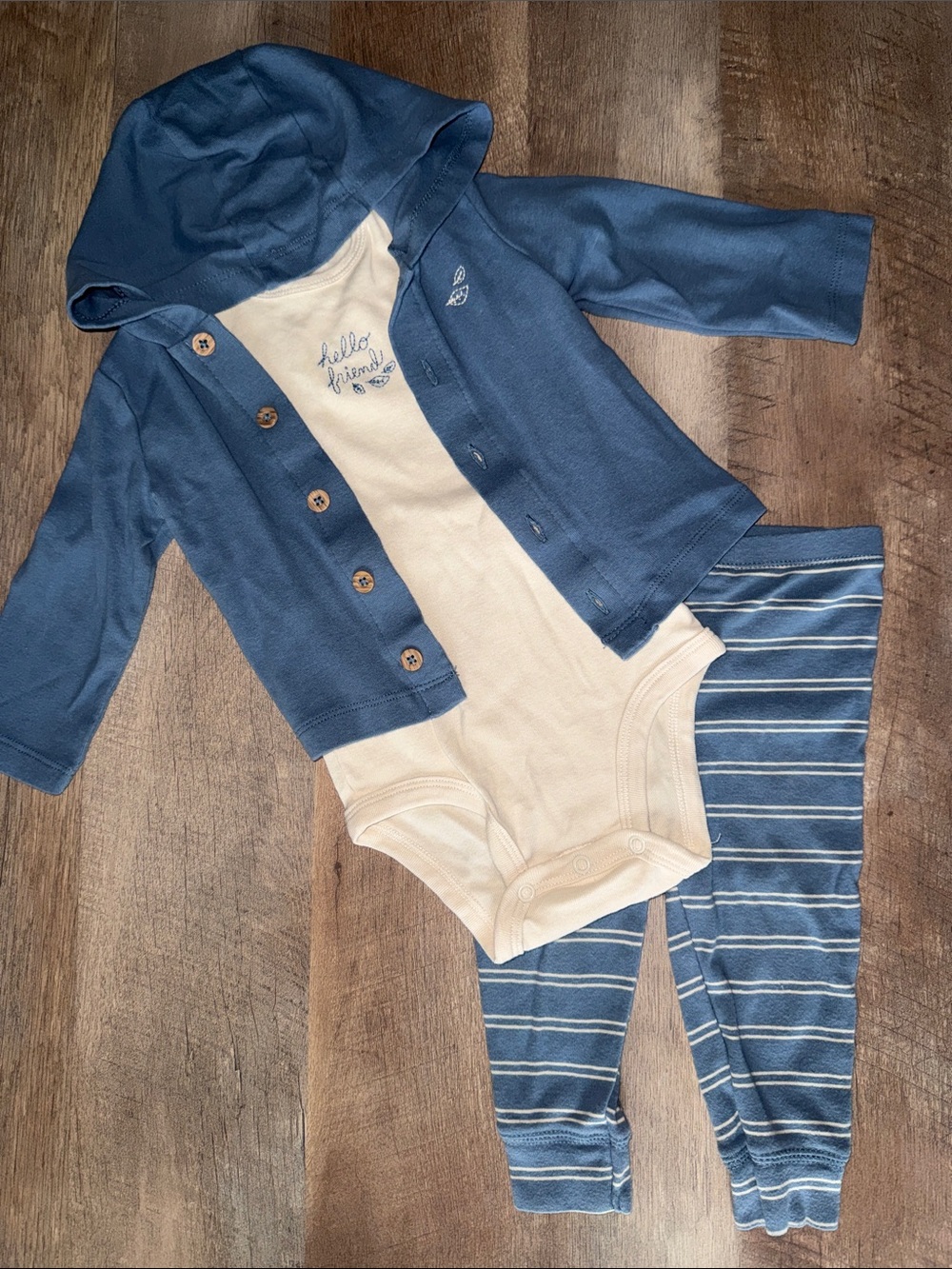 Carters 12m Blue & Cream Hooded Baby Set - 3-Piece Outfit